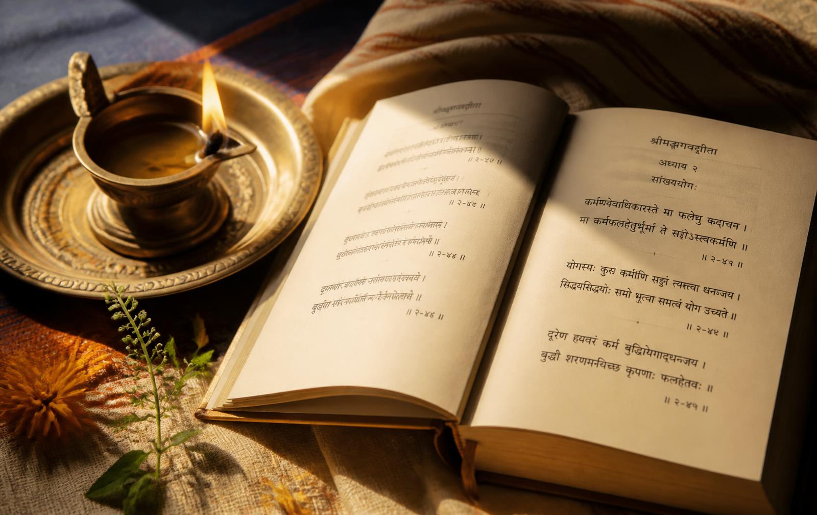 An open Bhagavad Gita beside a lit brass lamp